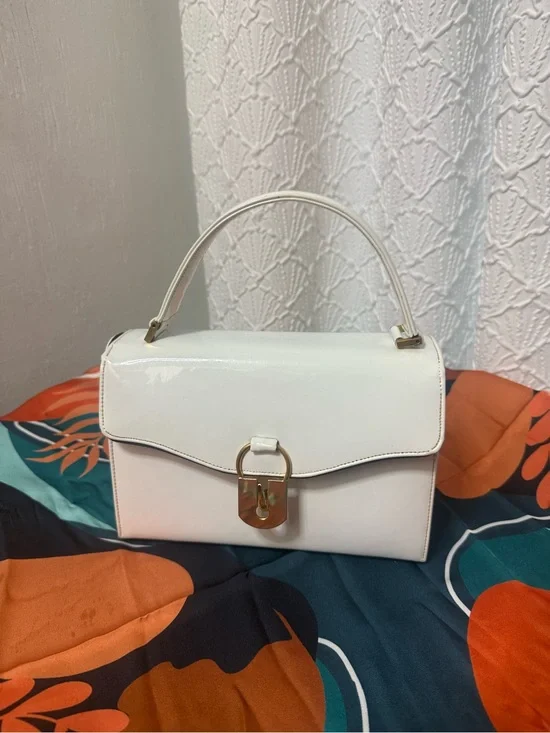 Classic White Patent Top-Handle Satchel with Gold Lock