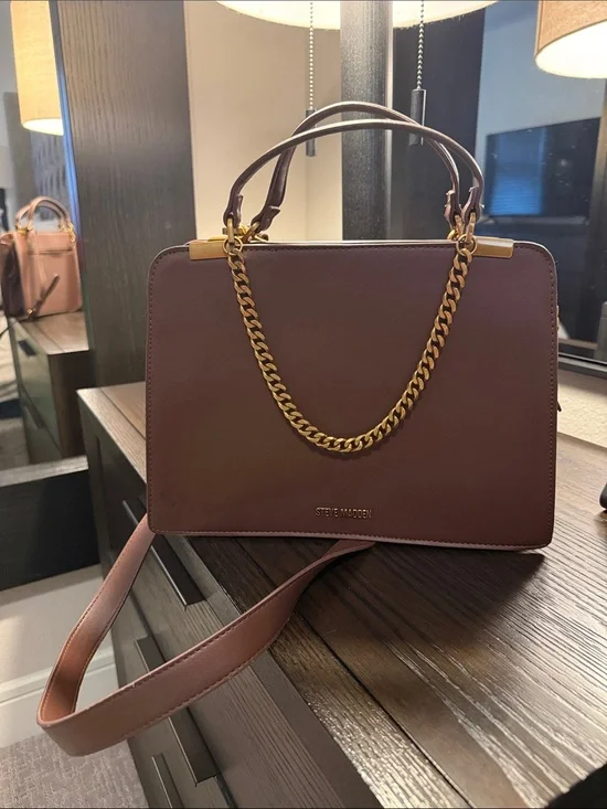 Steve Madden Maroon Structured Satchel with Gold Chain