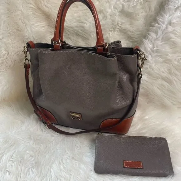 Dooney & Bourke Brenna Gray pebble Leather satchel tanTrim & Strap bonus pouch.