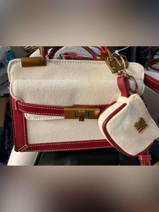 🌷new🌷 Steve Madden Cream Canvas Satchel with Burgundy Trim and Gold Hardware