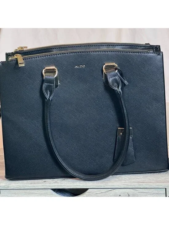 ALDO Black Structured Satchel Shoulder Bag Crossbody Gold Hardware Purse