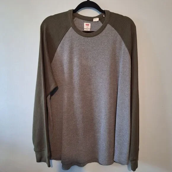 Levis Thermal Knit‎ Raglan Shirt Mens XXL Army Green Gray Waffle Knit 80's Vibe