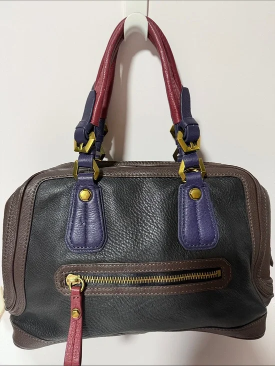 Genuine leather Designer inspire Black  Satchel with Purple and Burgundy Accents