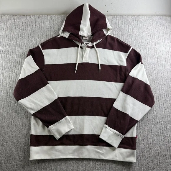 Levis Relaxed Fit Waffle Knit Striped Hoodie Mens XL Maroon White Pullover