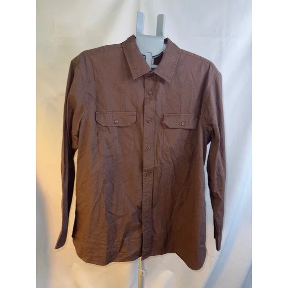 Levis Mens Relaxed Fit Long Sleeve Button Down Shirt Brown Cotton Twill Large