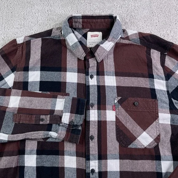 Levis Shirt Mens Large Brown Plaid Flannel Button‎ Up Outdoors Hiking Casual