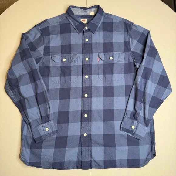 Levis Mens Large‎ Relaxed Fit Blue Buffalo Plaid Button Down Flannel Shirt