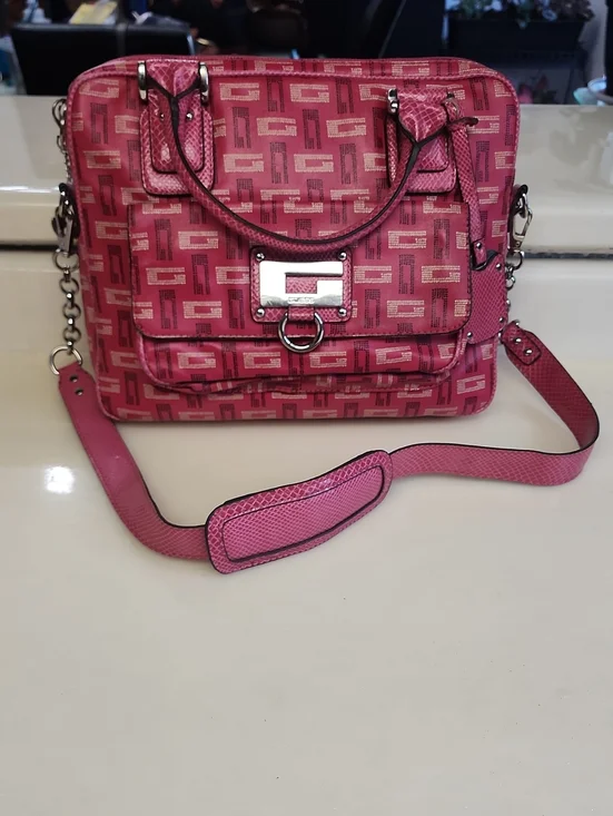 Guess Pink Logo-Print Satchel with Silver Hardware