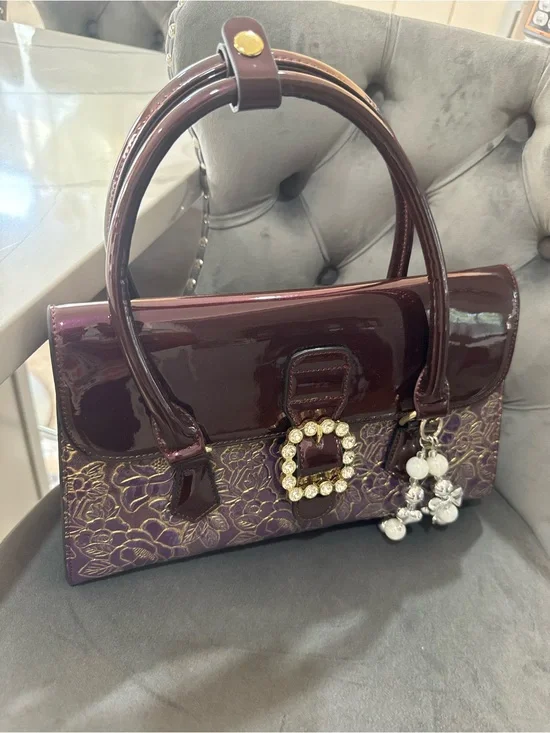 Patent Satchel with Crystal Buckle and Pearl Charm in Deep Plum