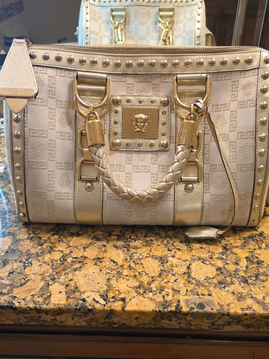 Gorgeous Versace Cream and Gold Medusa Studded Satchel with Braided Handle