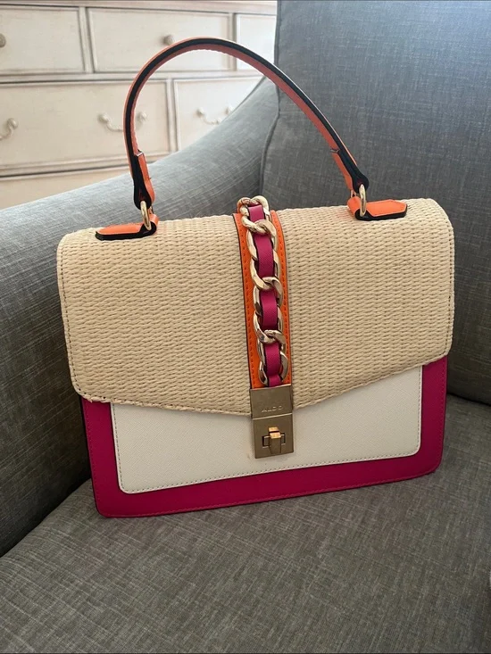 Aldo Cream Straw Satchel with Fuchsia & Orange Trim-Never Worn