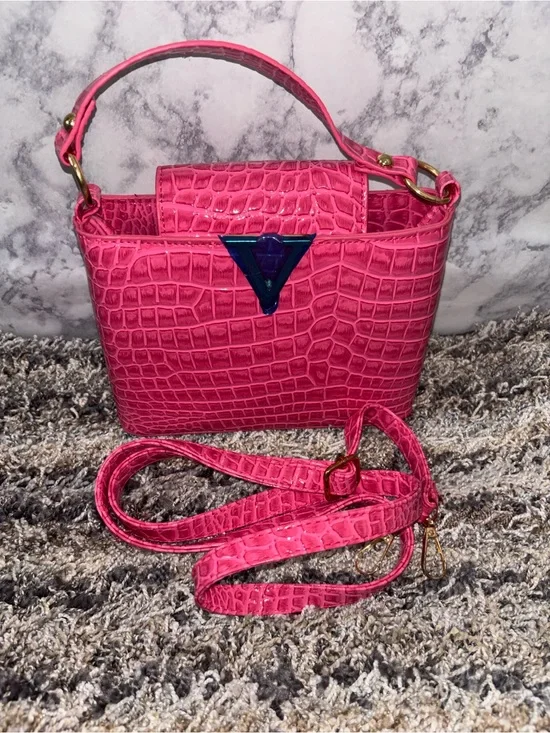 Hot Pink Croc-Embossed Women’s Handbag with Detachable Strap