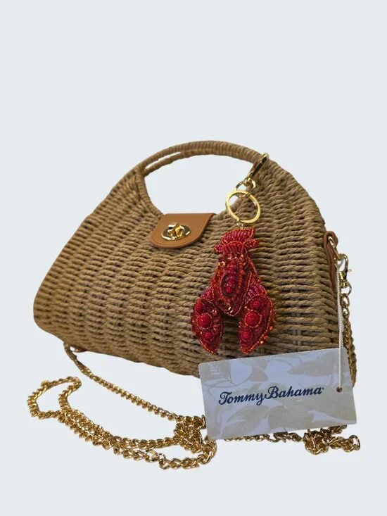 Tommy Bahama Woven Straw Satchel with Gold Chain and Red Beaded Charm