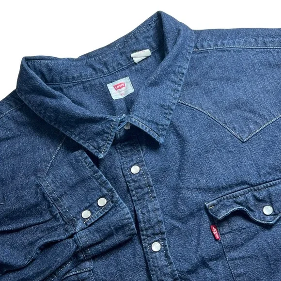 Levis Mens 4XL Dark Wash Big Classic‎ Western Denim Shirt Pearl Snap Long Sleeve