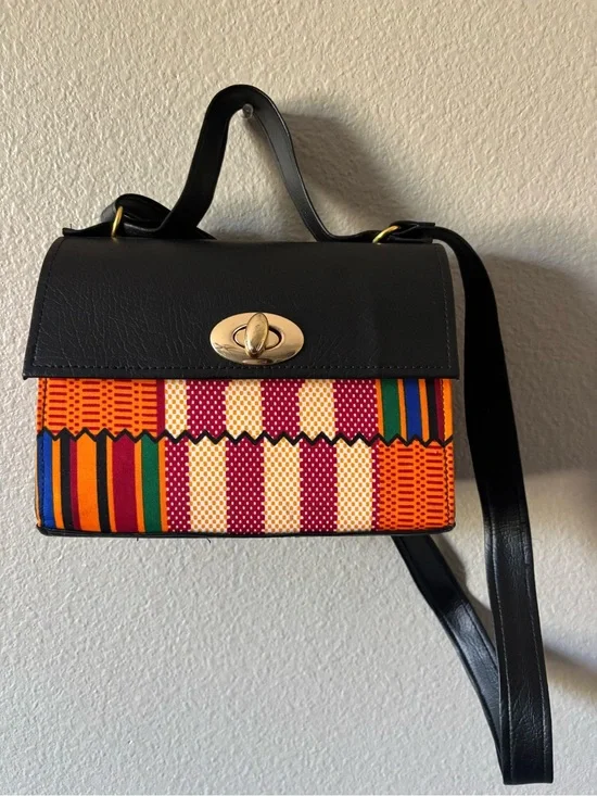 Black Leather Top-Handle Crossbody Bag with kente Pattern