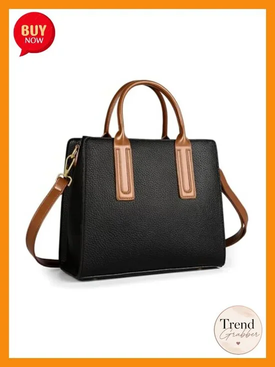 Large 3-Compartment Faux Leather Tote Satchel with Shoulder Crossbody Strap