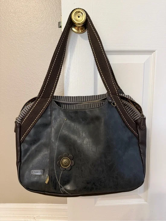 Chala Black Faux Leather Floral Accent Tote