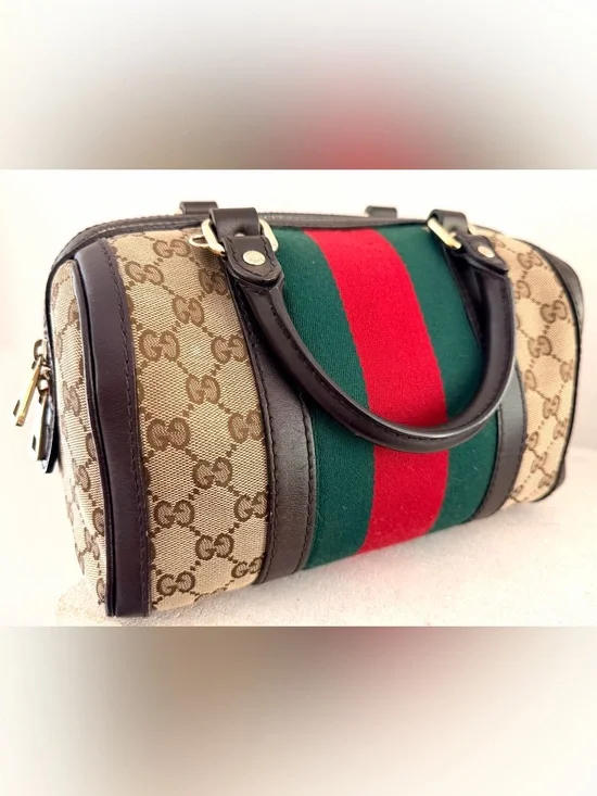 GUCCI Small Joy Boston Bag GG Canvas Web Stripe Satchel Italy