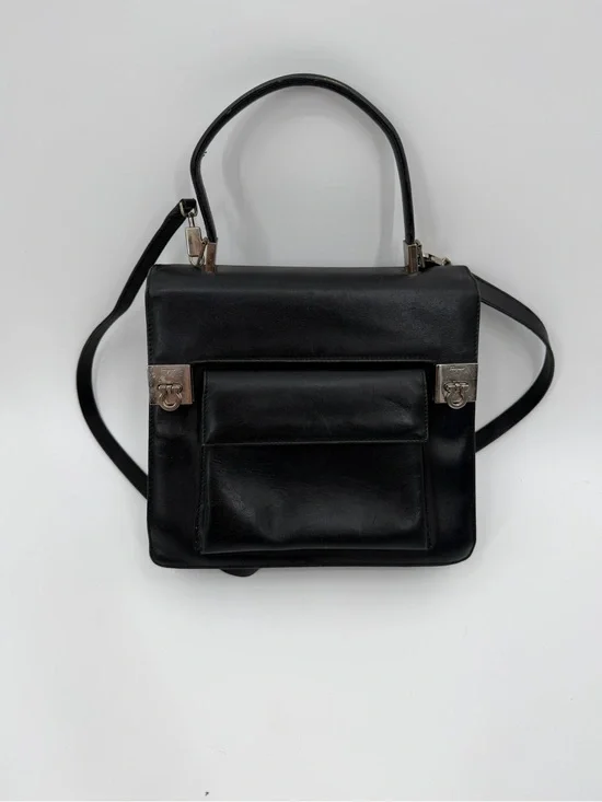 Vintage Salvatore Ferragamo Gancini Kelly Bag Black Leather Auth Papers