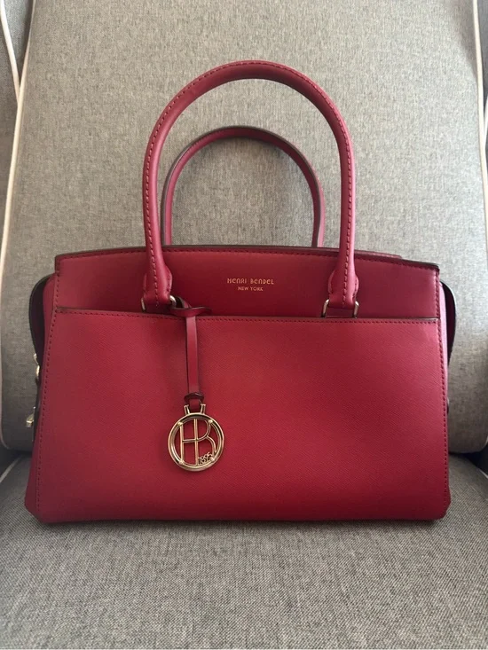 henri bendel crimson red leather satchel with logo charm
