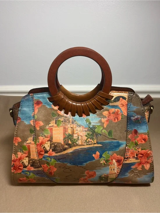 Patricia Nash Brown Floral Coastal Print Satchel with Blue Accents