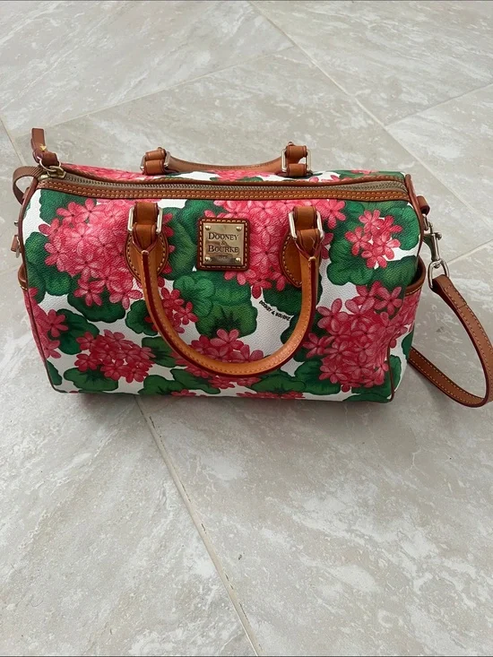 Dooney & Bourke Pink Floral Satchel with Brown Leather Trim
