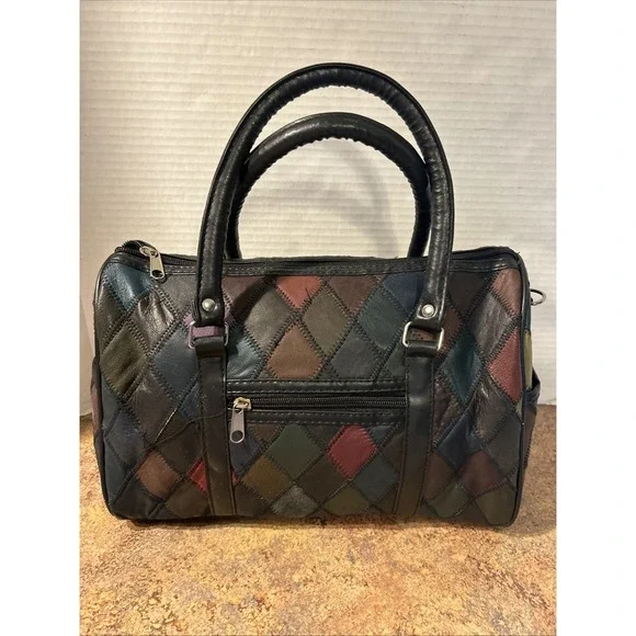 Vintage Patchwork Color Block Diamond Pattern Leather Handbag Purse