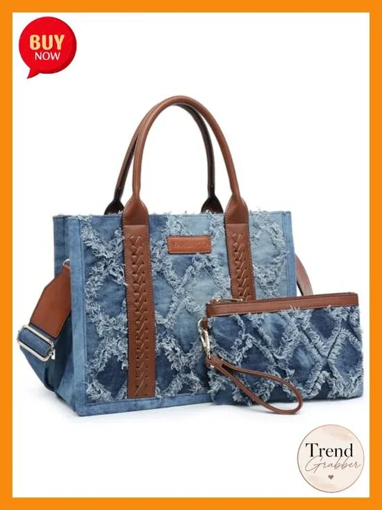 Denim Vegan Leather Quilted Tote Satchel with Wristlet - Boho Crossbody