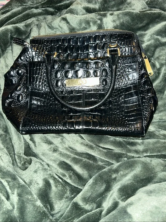Brahmin Black Croc-Embossed Satchel with Gold Hardware