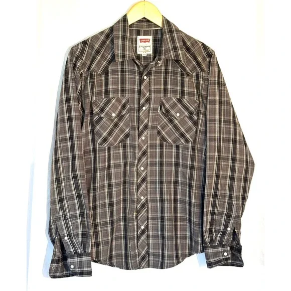 Levis Mens Red Tab Western Pearl Snap Shirt Plaid Black Grey‎ White Medium