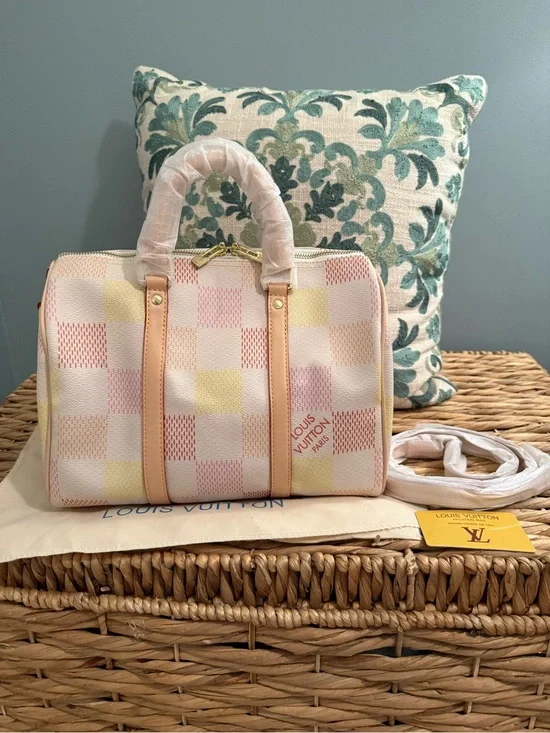 L V Pastel Checkered Speedy 30 in Pink, Cream & Yellow