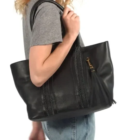 THE Sak Collective Sienna Leather Black Medium Shopper Satchel Bag EUC