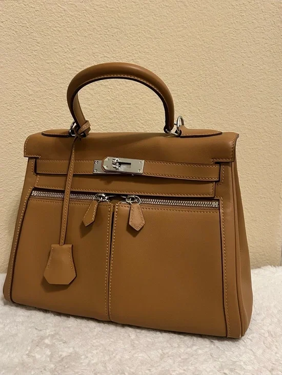 28cm Biscuit Top Handle Double Front Pocket Leather Satchel