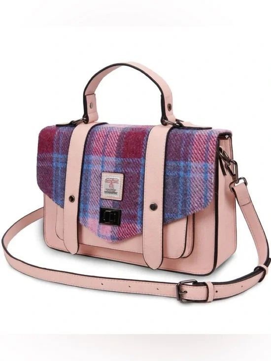 NEW Islander Harris Tweed Pink & Blue Tartan 100% Wool Handwoven Mini Satchel