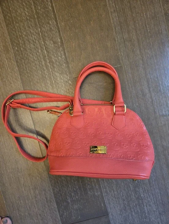 NWT Betsey Johnson Pink Embossed Skull Dome Satchel Crossbody Gold Hardware