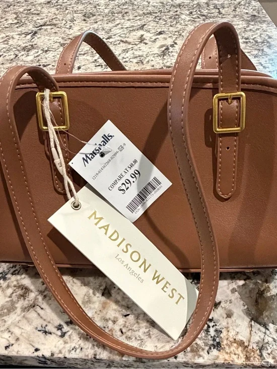 Madison West Tan Faux-Leather Structured Satchel with Gold Hardware, NWT