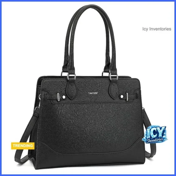 Structured Tote Bag, Vegan Leather Satchel with Pockets for Work