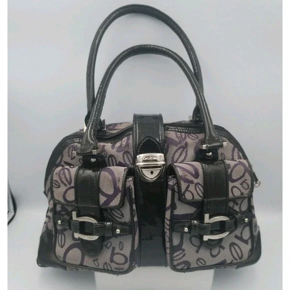 Vintage bebe y2k Monogram Canvas Satchel Purse Pocket  Bowler Bag Purple Black