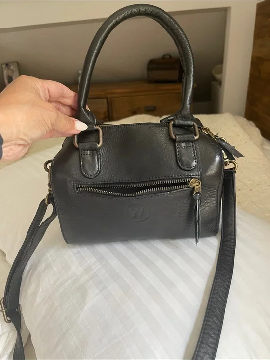 Black Leather Satchel with Top Handles and Crossbody Strap