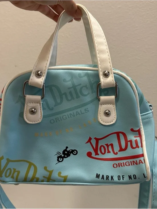 Von Dutch Light Blue Mini Satchel with White Handles and Red Logo