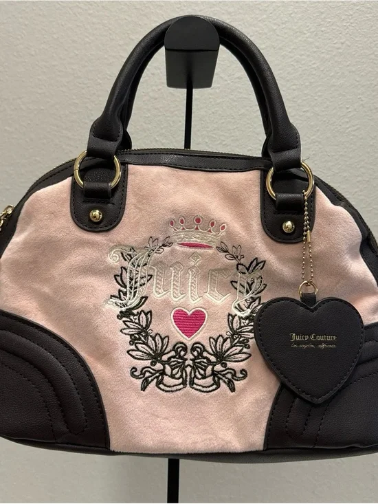 Juicy Couture Pink and Black Crest Satchel with Heart Charm
