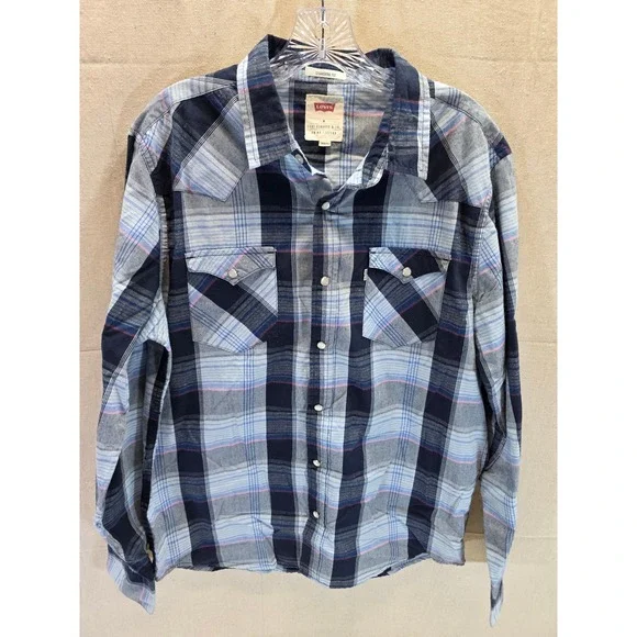 Levis Mens Western Pearl Snap Shirt Blue Plaid Long Sleeve Standard Fit Medium
