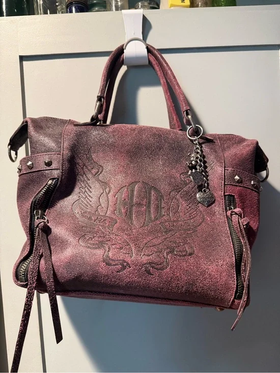 Harley Davidson Studded Embossed Wing-Accent Satchel in Dusty Plum with matching