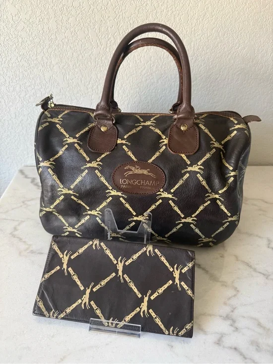 Vintage Longchamp Brown and Gold Monogram Satchel Bag with Long Wallet-GUC!!