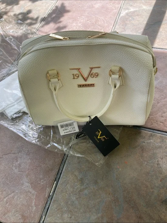 Versace V 19.69 Cream Structured Satchel with Gold Hardware