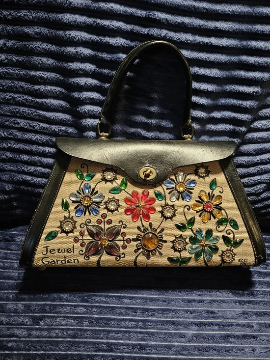 Jewel Garden Floral Embellished Black & Natural Top-Handle Bag