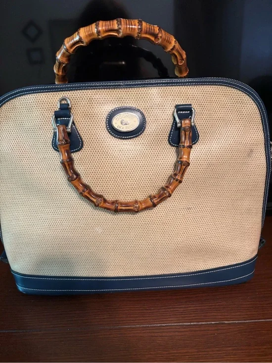 Dooney & Bourke Beige Woven Satchel with Brown Bamboo Handles and Navy Trim
