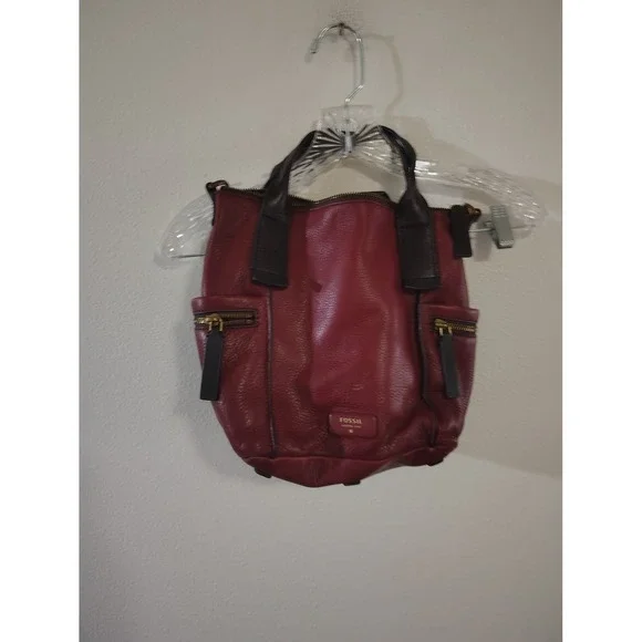 Fossil Burgundy Red Pebbled Leather Satchel Bag Brown Trim Gold Hardware
