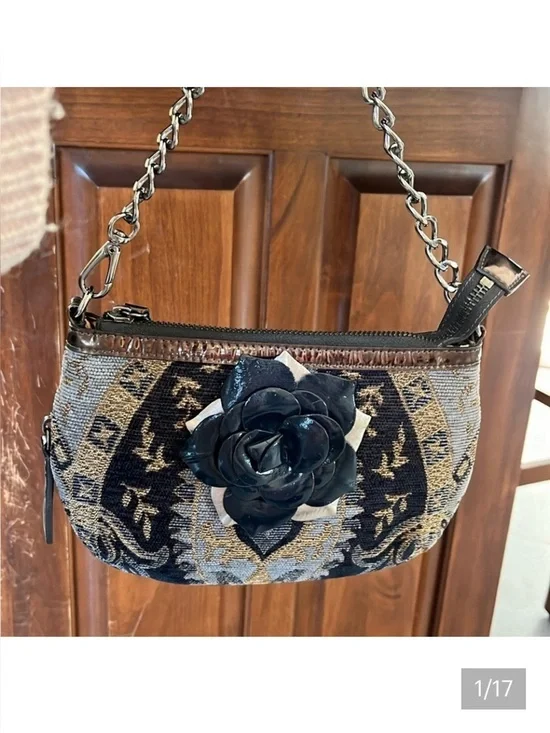 Sharif  Tapestry Satchel  navy/gold expanding bottom   velvety    gunmetal  NWOT