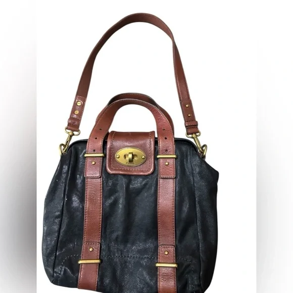 Fossil Black and Tan Leather Satchel vintage